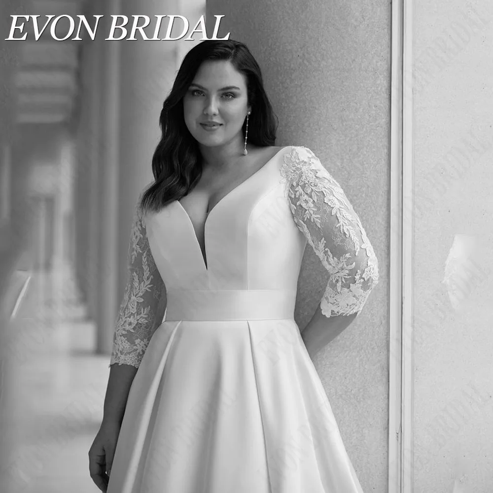 EVON BRIDAL 레이스 브이넥 웨딩 원피스 플러스 사이즈, 3/4 소매 신부 파티 가운, 새틴 A 라인 우아한 로브 드 마리