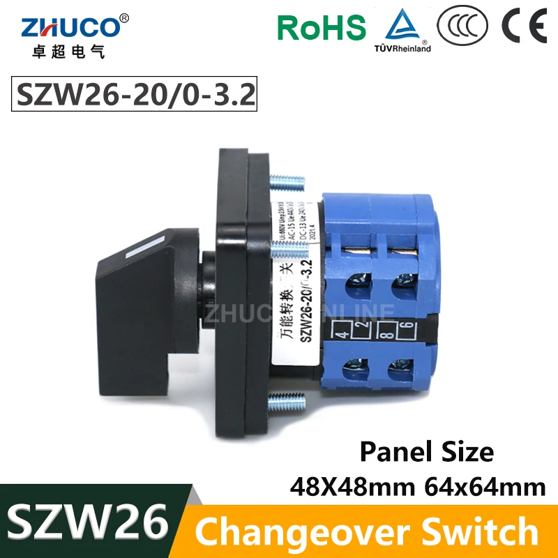ZHUCO SZW26/LW26-20 20A 64X64 Mm 48X48 Mm 0-1-2-3 Two Pole Four Position Power Knob Selection Universal Changeover Cam Switch