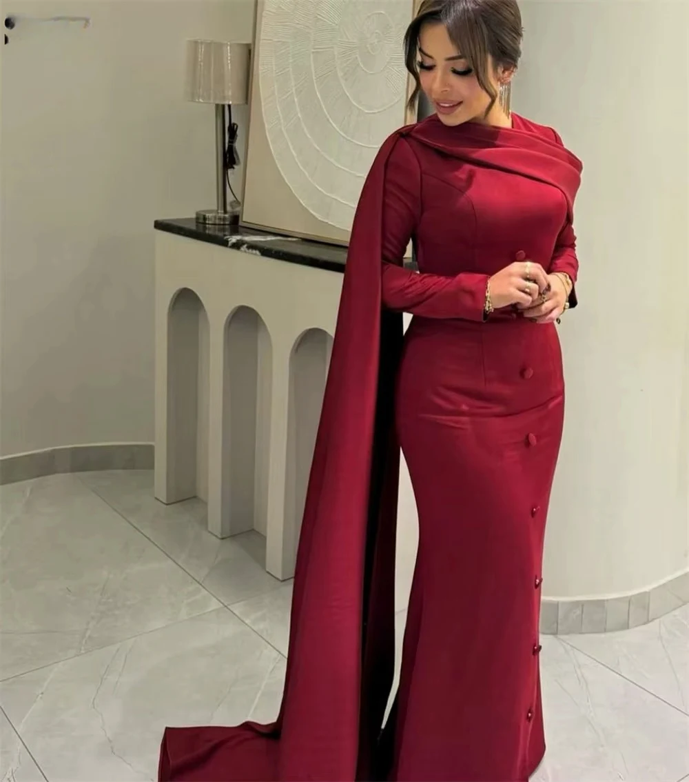 فساتين سهرة مثيرة مخصصة للقياسات العربية السعودية باللون العنابي المتواضع مع كيب برقبة دائرية وأكمام طويلة فستان حورية البحر للحفلات مذهل #2