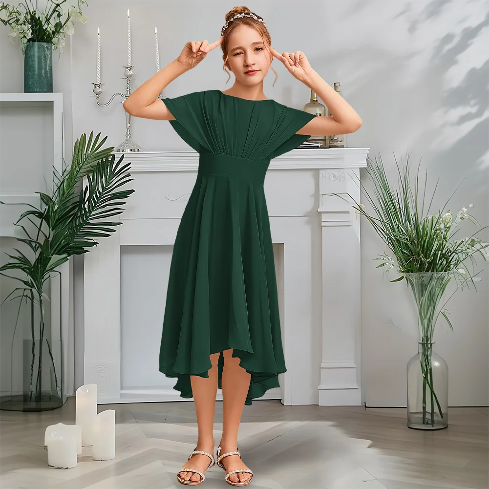 Эфирное платье подружки невесты с круглым вырезом, синее платье с цветочным узором для девочек, асимметричное шифоновое платье трапециевидной формы, садовое гала-свадьба