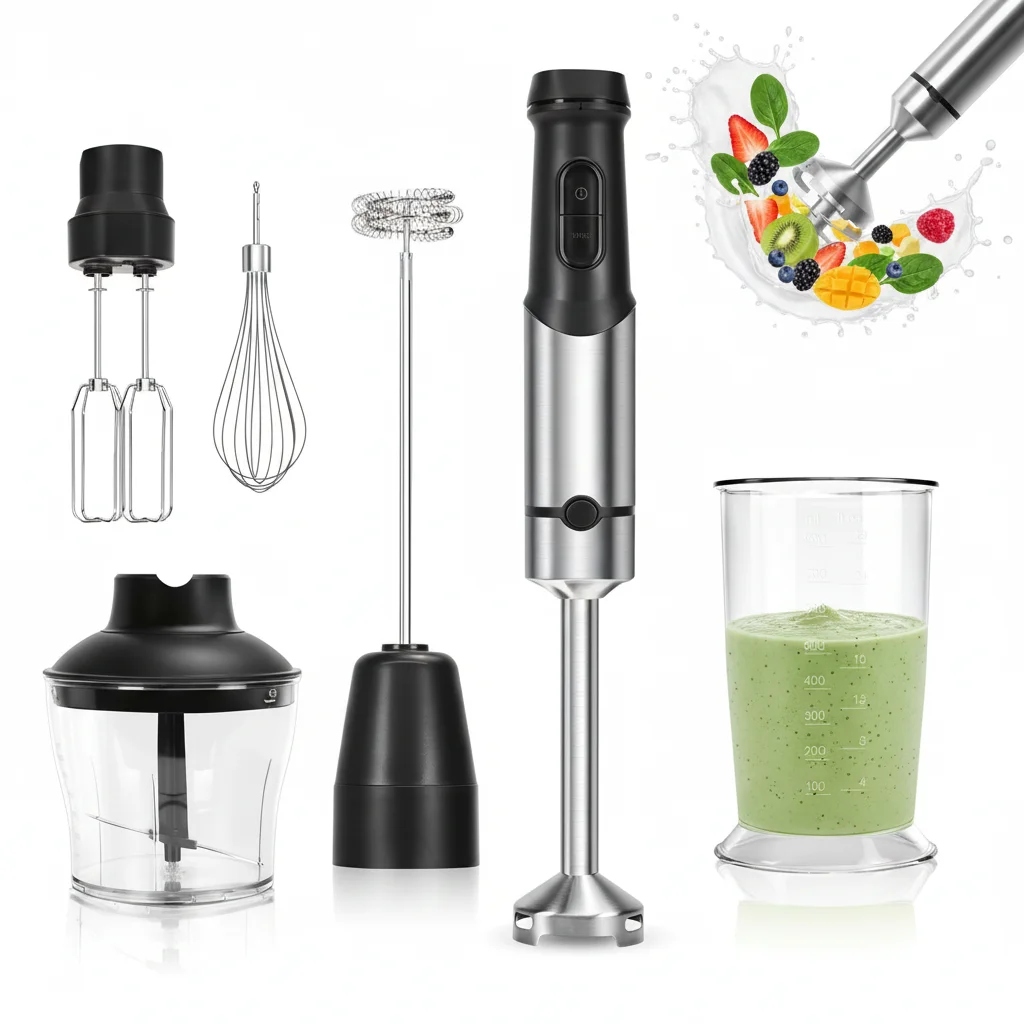 Set de batidora de mano 1200W 6 en 1, batidora de acero inoxidable de 12 velocidades con función turbo, taza medidora de 800ml, picadora de 600ml, espumador de leche y batidor, apto para lavavajillas - Batidora de mano para sopa, salsa, batidos y papillas de bebé