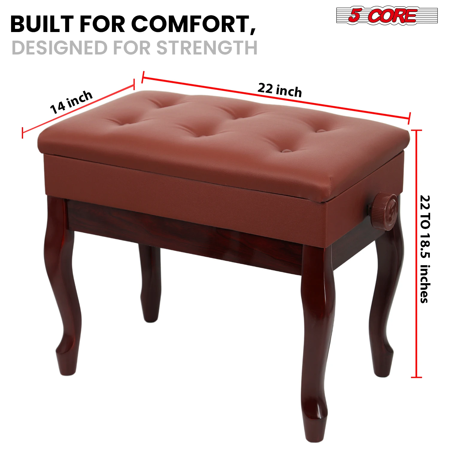 5 Core Piano Bench with Storage Wooden Adjustable Keyboard Stool Heavy Duty Padded Cushioned Seat PNB WD HD CHRY view 5