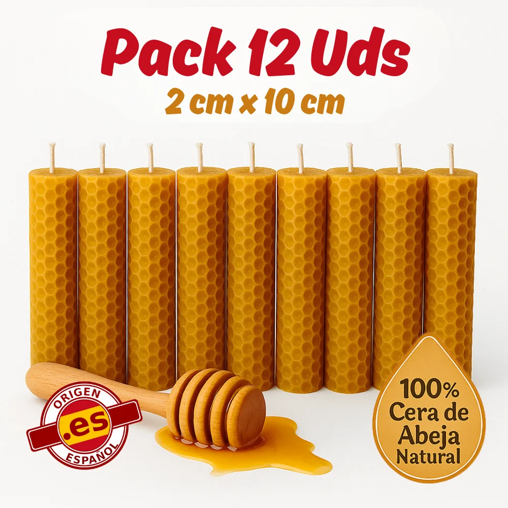 Packung mit 12 Bienenwachskerzen, 100 % natürliche Honigkerze 2 x 10 cm – handgefertigt von spanischen Imkern – ideal für Meditation und Entspannung, nationales Produkt