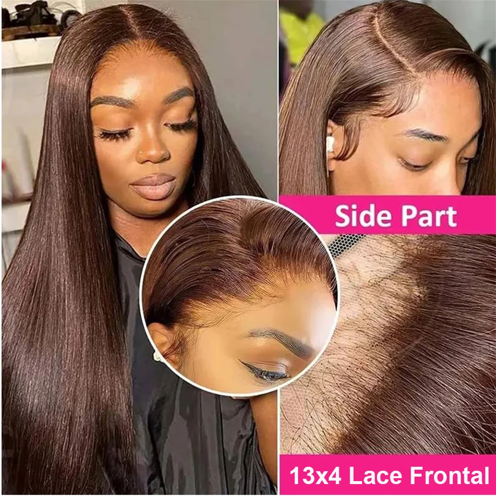 Pacotes de cabelo castanho reto sedoso com Frontal, 100% cabelo humano, Extensão do cabelo pré-arrancado, 3 Pacotes, 13x4 HD Lace Front, colorido, #4