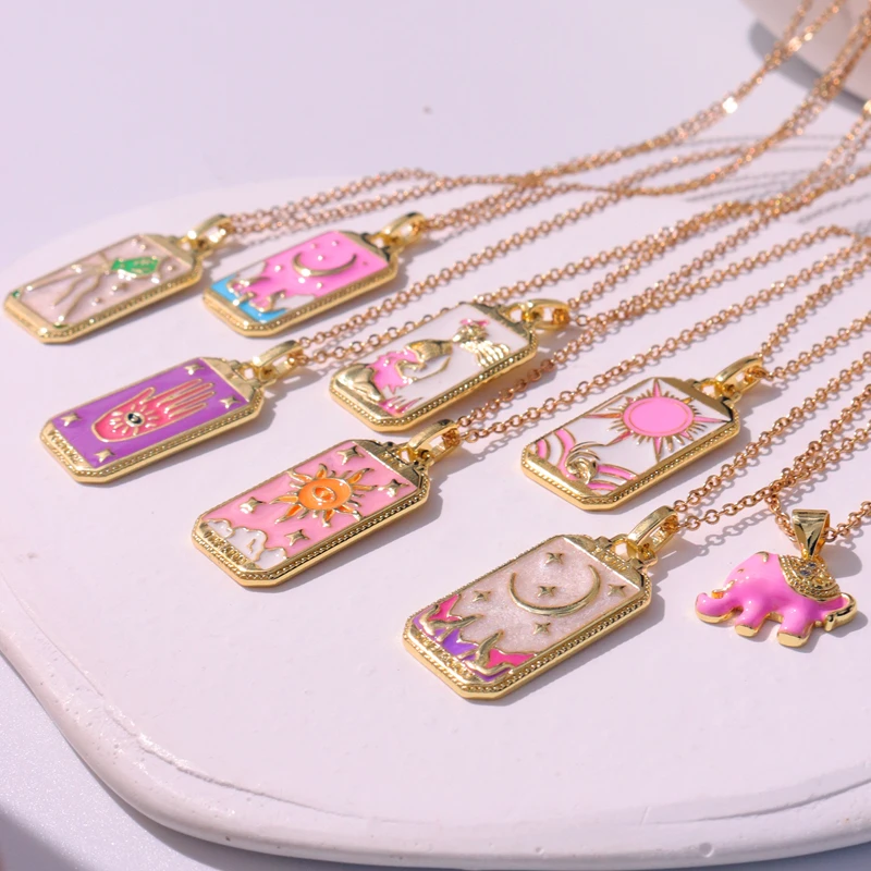 Pink Dripping Oil Punk Tarot Sun God Star Moon Hand Flame Elephant Girl Enamel Square Necklace for Women Gifts HangZhi2022 New