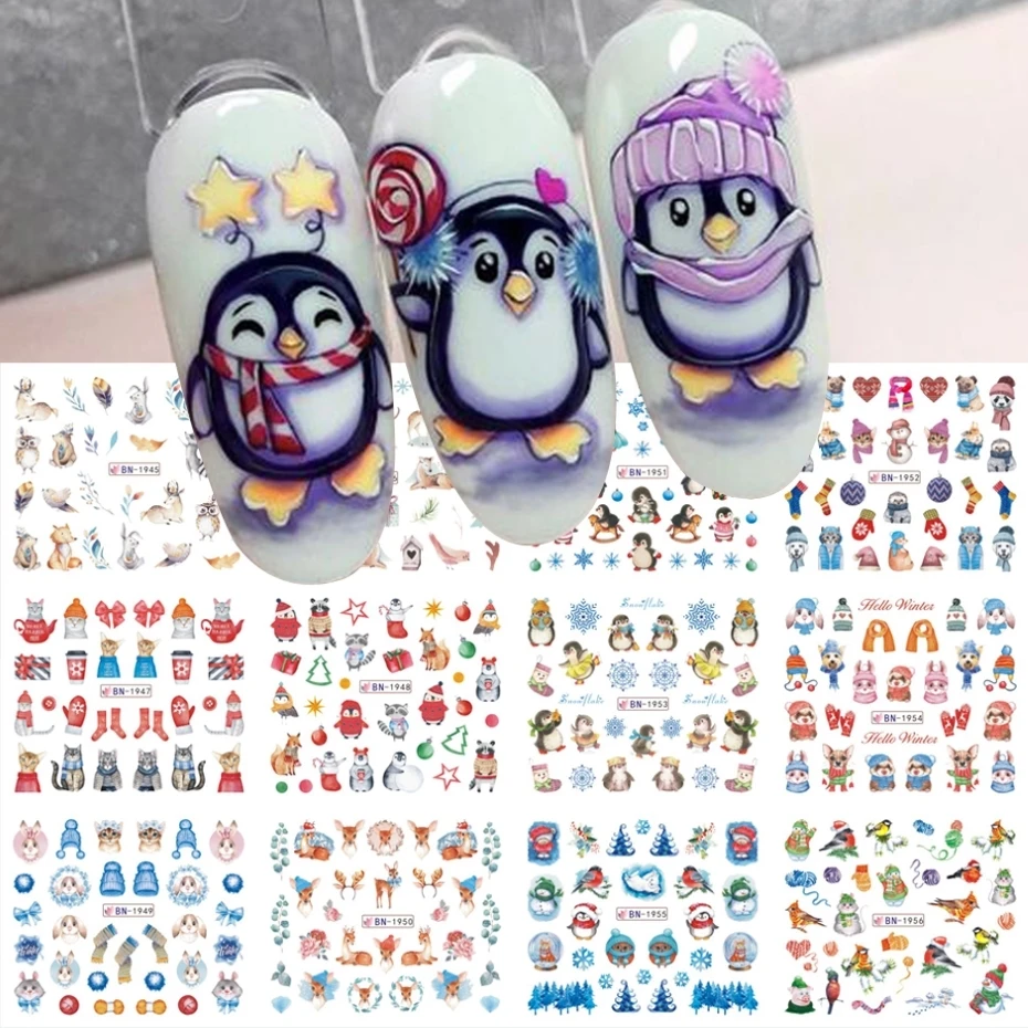 12pcs Cute Penguin Winter Nail Stickers Birds Bear Cat Animal Snowflake Sliders Water Decals Decoration 2024 Xmas Manicure Tips