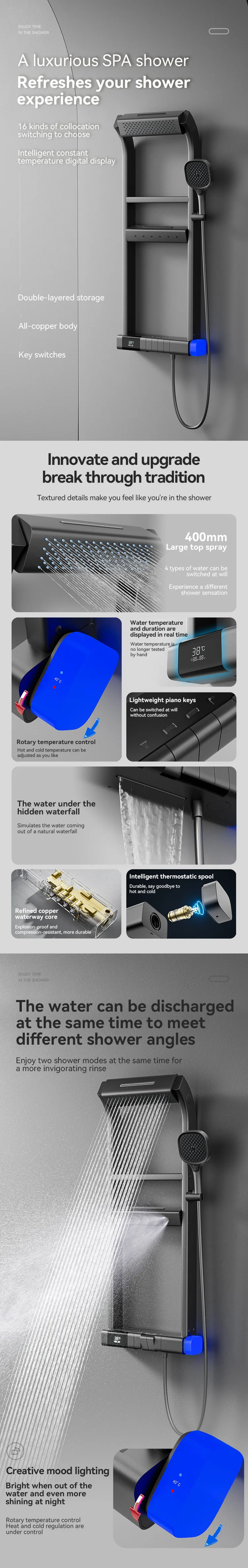 Schwarzes Multifunktions-Duschsystem für Badezimmer, Wandmontage, thermostatischer Wasserfall, digitaler Duscharmatur, Display-Säulen-Duschset – Detail 1