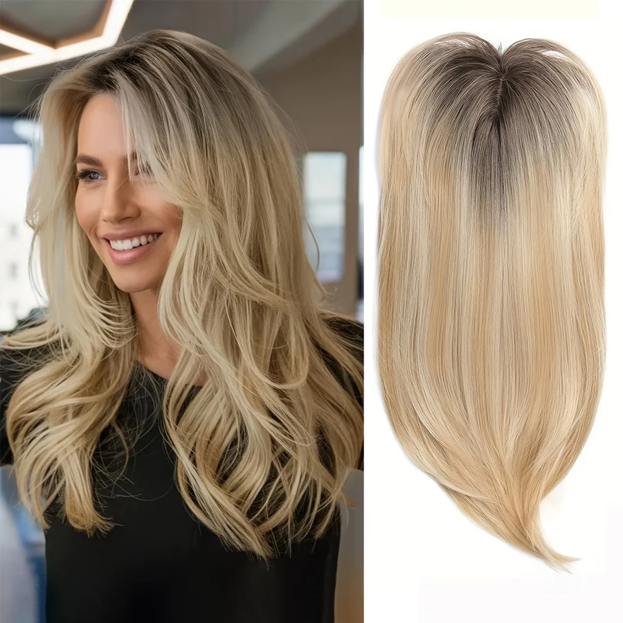 18-Inch Silvery White Synthetic Hair Piece with Dark Roots Long Layered Wiglet for Women Experiencing Thinning Hair 6.5x6.5
