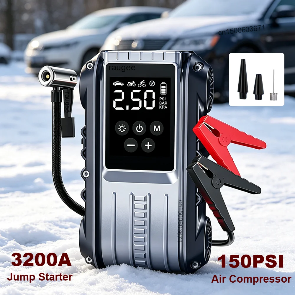 Auto-Starthilfegerät mit Luftkompressor 3200A Tragbarer Autobatterie-Starter 150PSI Reifenluftpumpe 12V Auto-Batterie-Booster Powerbank