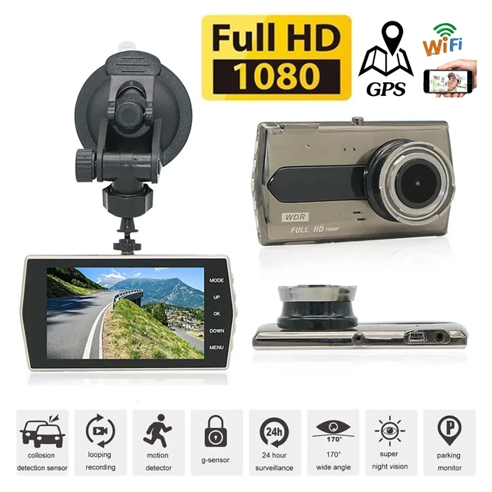 

Автомобильный видеорегистратор WiFi GPS Dash Cam 1080P, Автомобильный видеорегистратор с приводом, автомобильные аксессуары, черный ящик, задний вид