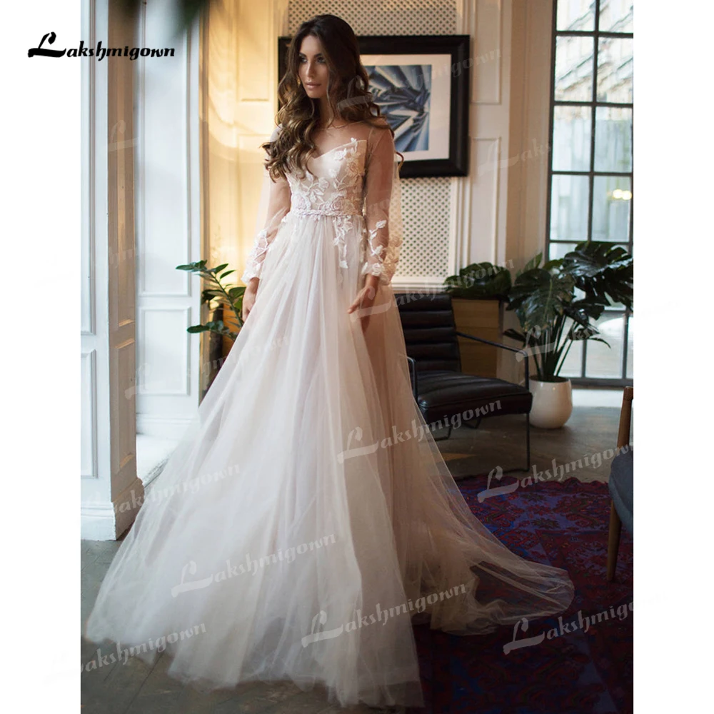 Yanshmigown-Robe de mariée Boho à col rond et manches longues bouffantes, robe de patients personnalisée, dentelle dos nu sexy, tulle, ligne A, 2025