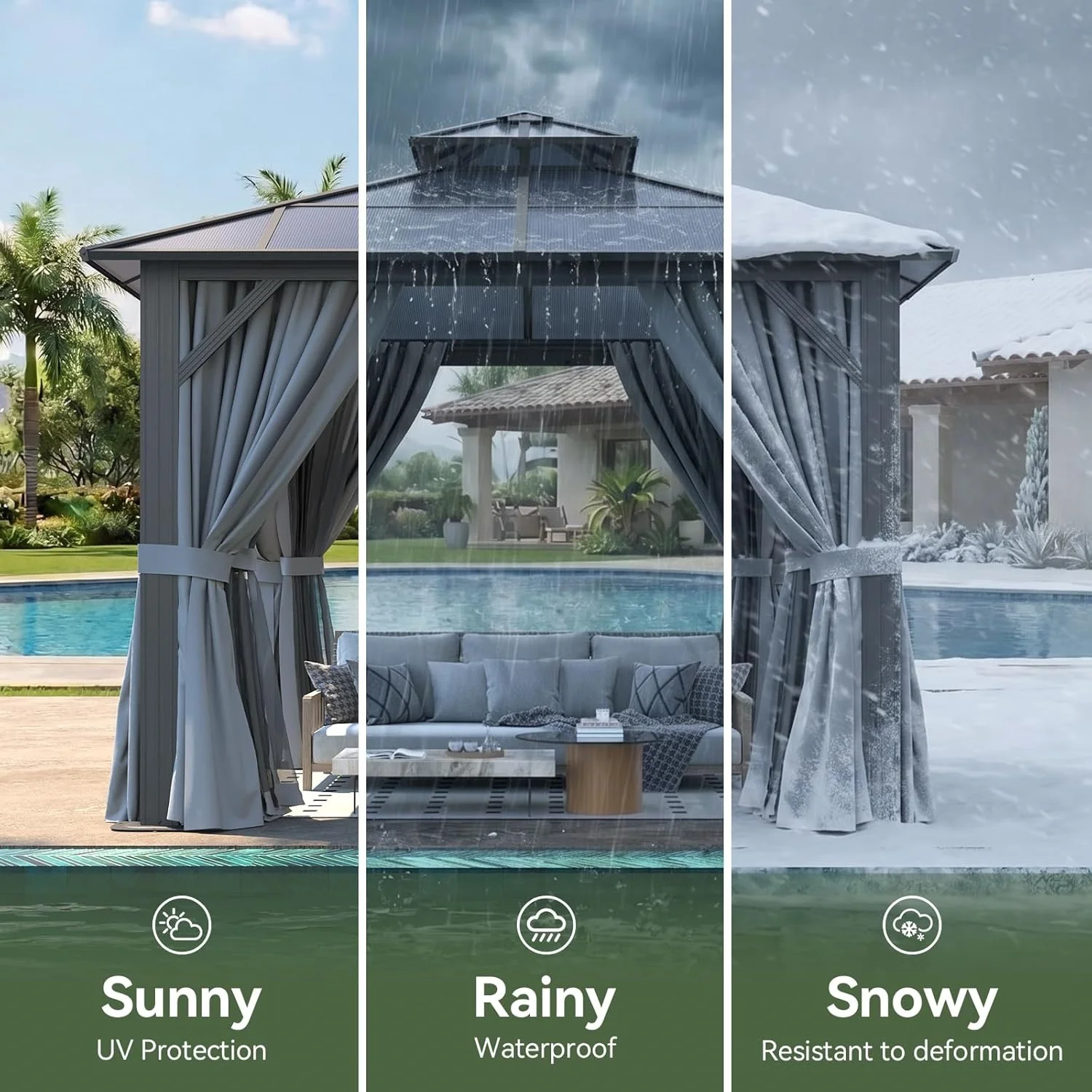 Nordivale 10x10FT Hardtop Gazebo Polycarbonate Double Top Aluminum Frame with Curtains and Netting Outdoor Sunshade Canopy for Patio Garden Backyard Gray view 3