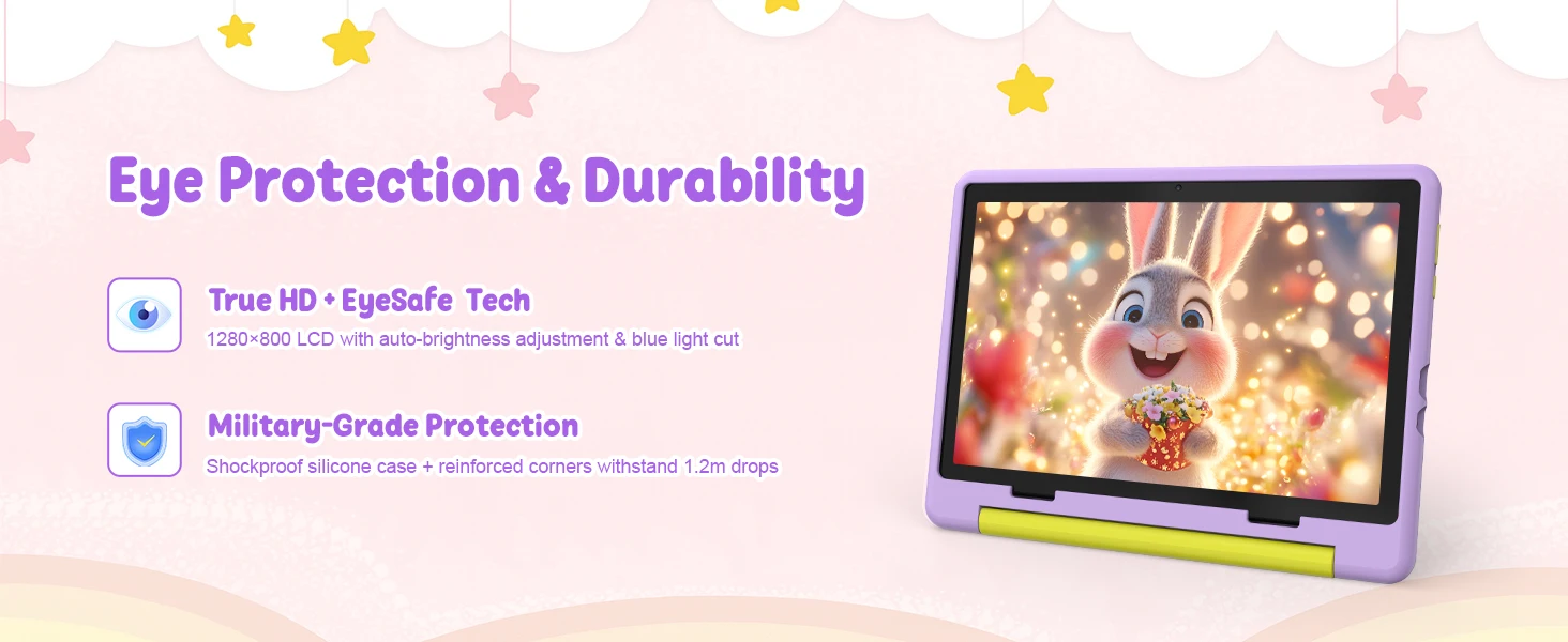 10.1 Inch Kids Tablet 24GB(3+21G) RAM 64GB ROM Android16 GMS Certified A333 Five-Core HD IPS 6000mAh Parental Control With Shockproof Silicone Case Stand Children Learning Tablet PC Purple Blue