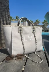 Bolso de mano de lona con monograma, bolsa de mano con cadena, color gris claro o beige, regalo de cumpleaños personalizado, ideal para playa y verano, para novia