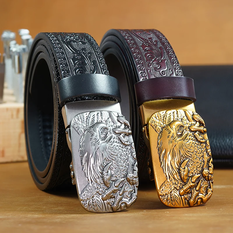 1pc Men's Second Layer Cowhide Belt Featuring Eagle Automatic Buckle, Retro Carved Design, Stylish Jeans Belt