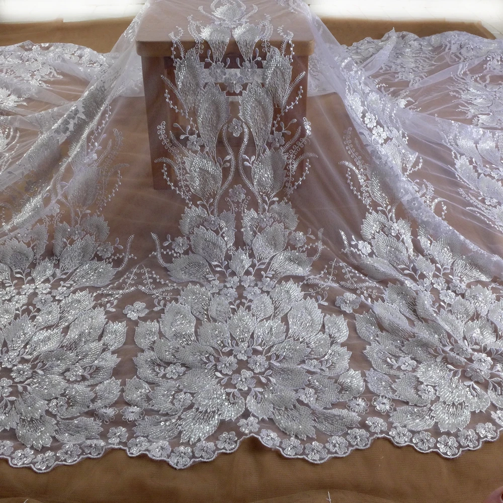 

HelluyerDC Pure-White heavy beading lace fabric,super large patterns lace for fashion,wedding,evening,dance gown by the yard