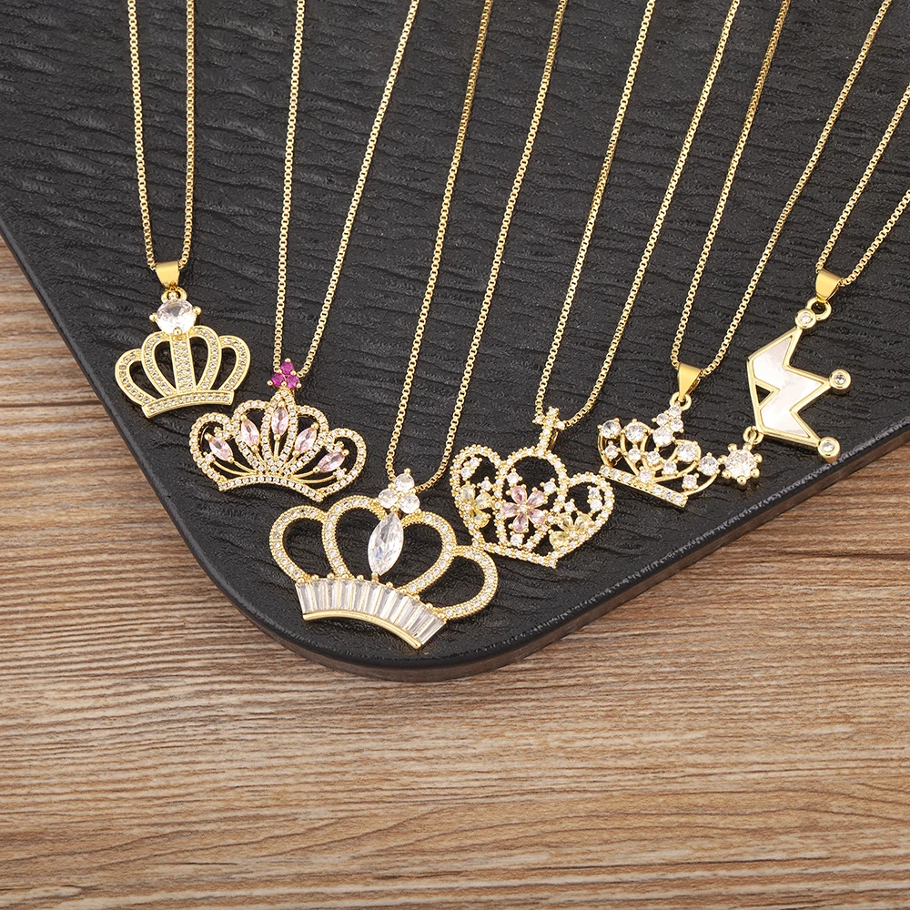 Nidin Light Luxury Trendy Crown Shape Shiny Zircon Charm Pendant Necklace 6 Styles For Women Girl Lucky Jewelry Delicate Gifts