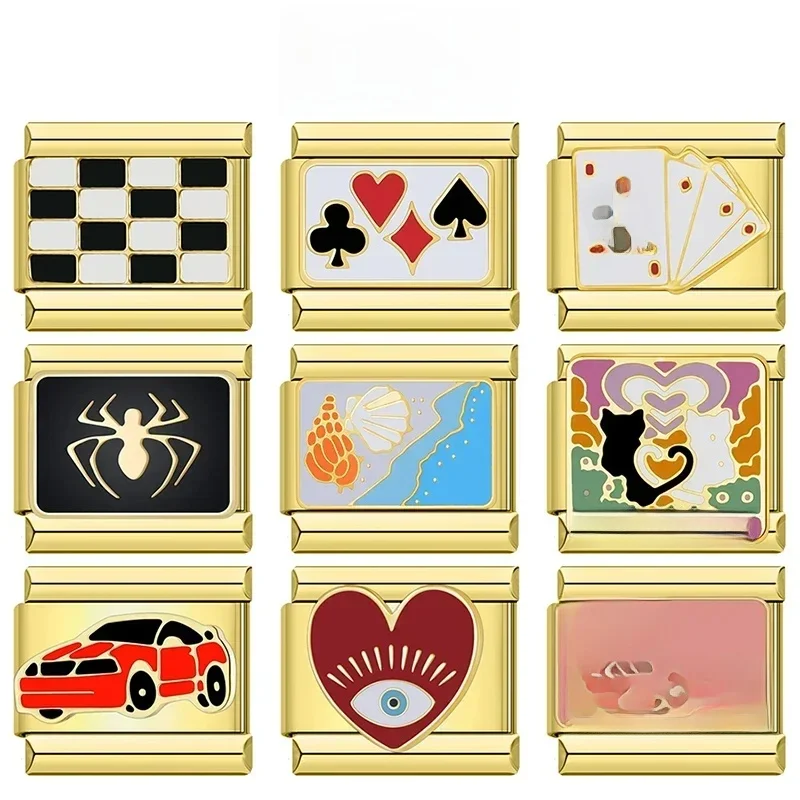 Hapiship mode fleur araignée Poker coeur voiture de sport en gros doré italien charme liens ajustement 9mm Bracelet bijoux DJ1373-C