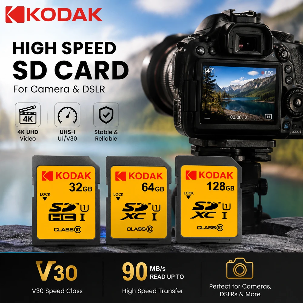 KODAK Original SD-Speicherkarte SDXC 32GB 64GB 128GB Klasse 10 U1 V30 Hochgeschwindigkeits-Flashkarte für DSLR-Kamera