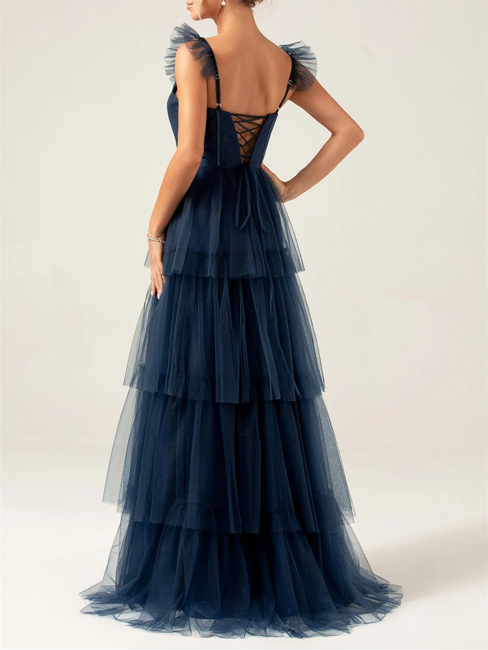 Dusty Blue Detachable Straps A Line Tiered Bridesmaid Dress with Slit Maxi Gowns For Wedding Party Dresse robes de soirée