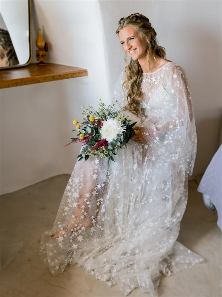 Zweiteilige Anzug Boho Star Spitze Braut Robe für Hochzeit sexy Flare Ärmel Braut dusche Kleid Frauen Nacht Gwon 2024 ودين