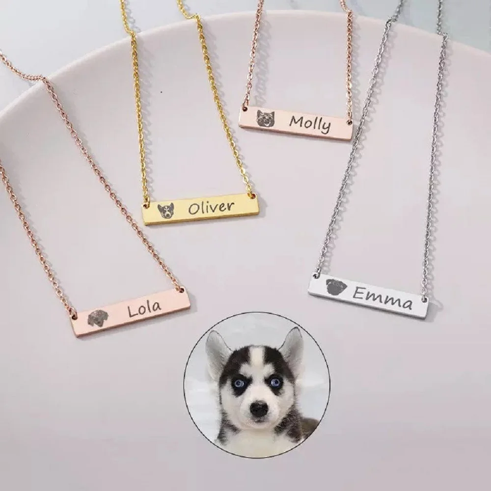 Custom Pet Portrait Bar Necklace Personalized Cat Dog Photo Pendant Engraved Name Necklaces Memorial Jewelry For Family Friends