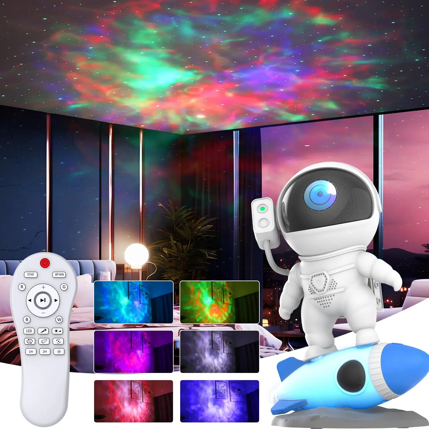 AstronsomSpace-Projecteur Étoile Galaxie, Veilleuse avec Minuterie et Télécommande, Fusée, Veilleuse pour Chambre d'Enfant