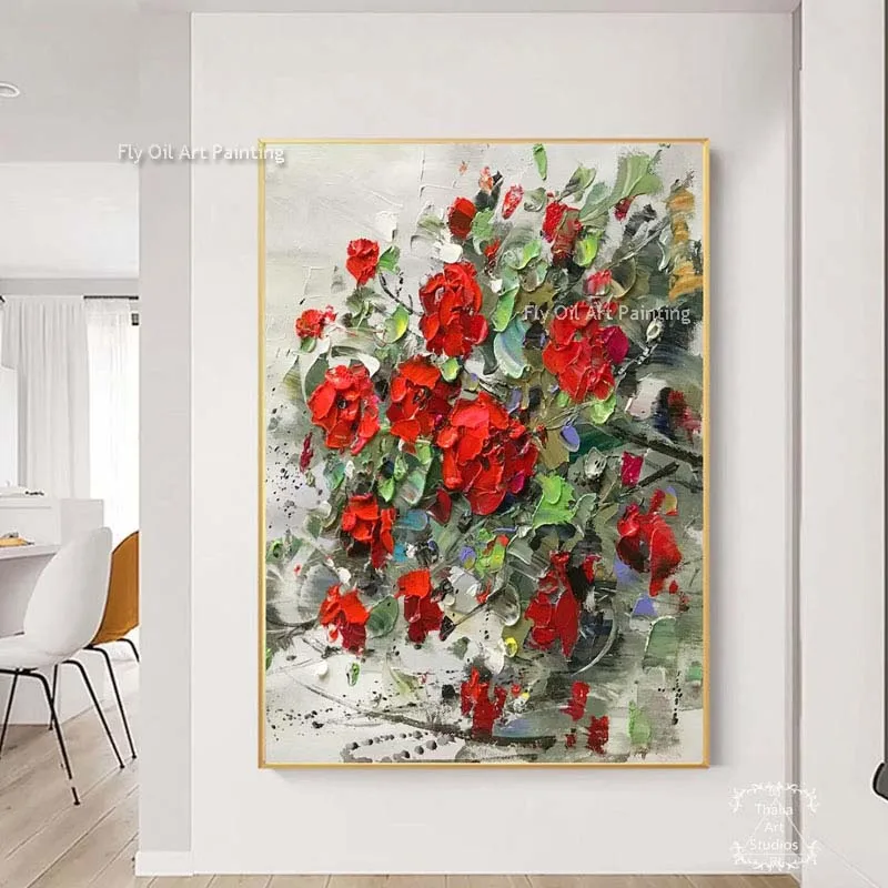 

Original Rose Flower Oil Canvas Painting Red Pink Rose Handmade On Pink Blue White Canvas Impression Floral Wall Art Decor