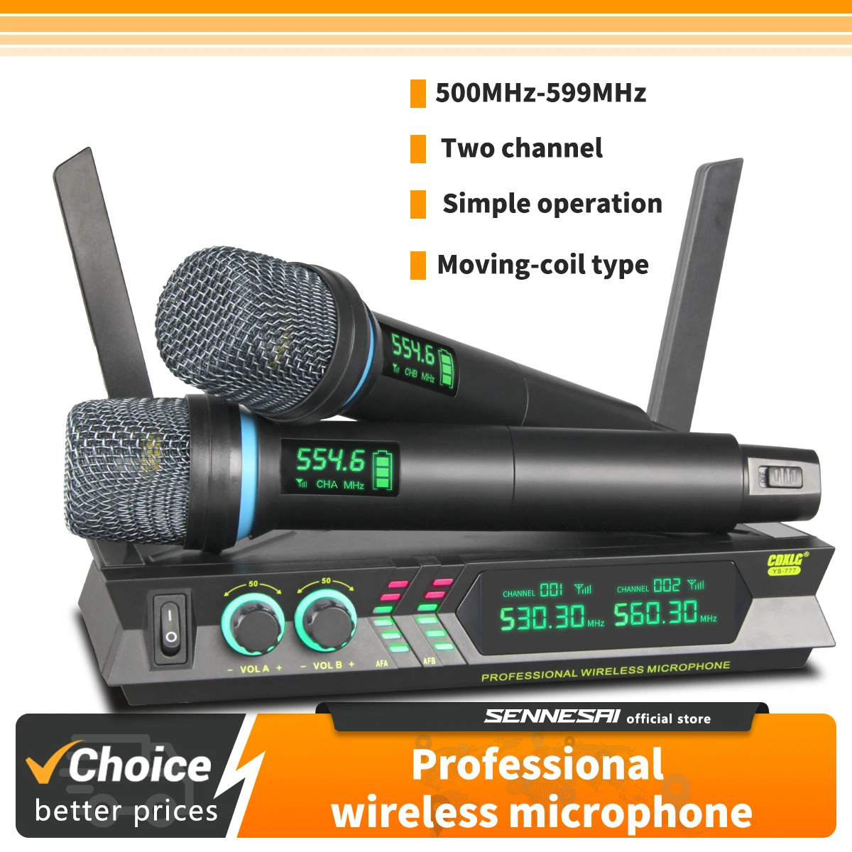 CDXLG YS-777 Wireless Dual Microphone karaoke Home System Professional Stage Performances Dynamic 2 Channel Handheld 500-599MHz