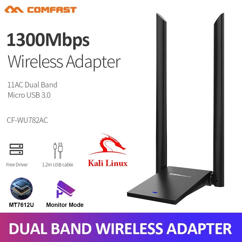 COMFAST 1300Mbps USB3.0 WiFi Adapter MT7612U 2.4G&5GHz Network Card 2*6dBi Antenna Adaptador WiFi 1.2M Cable Kali Linux Windows