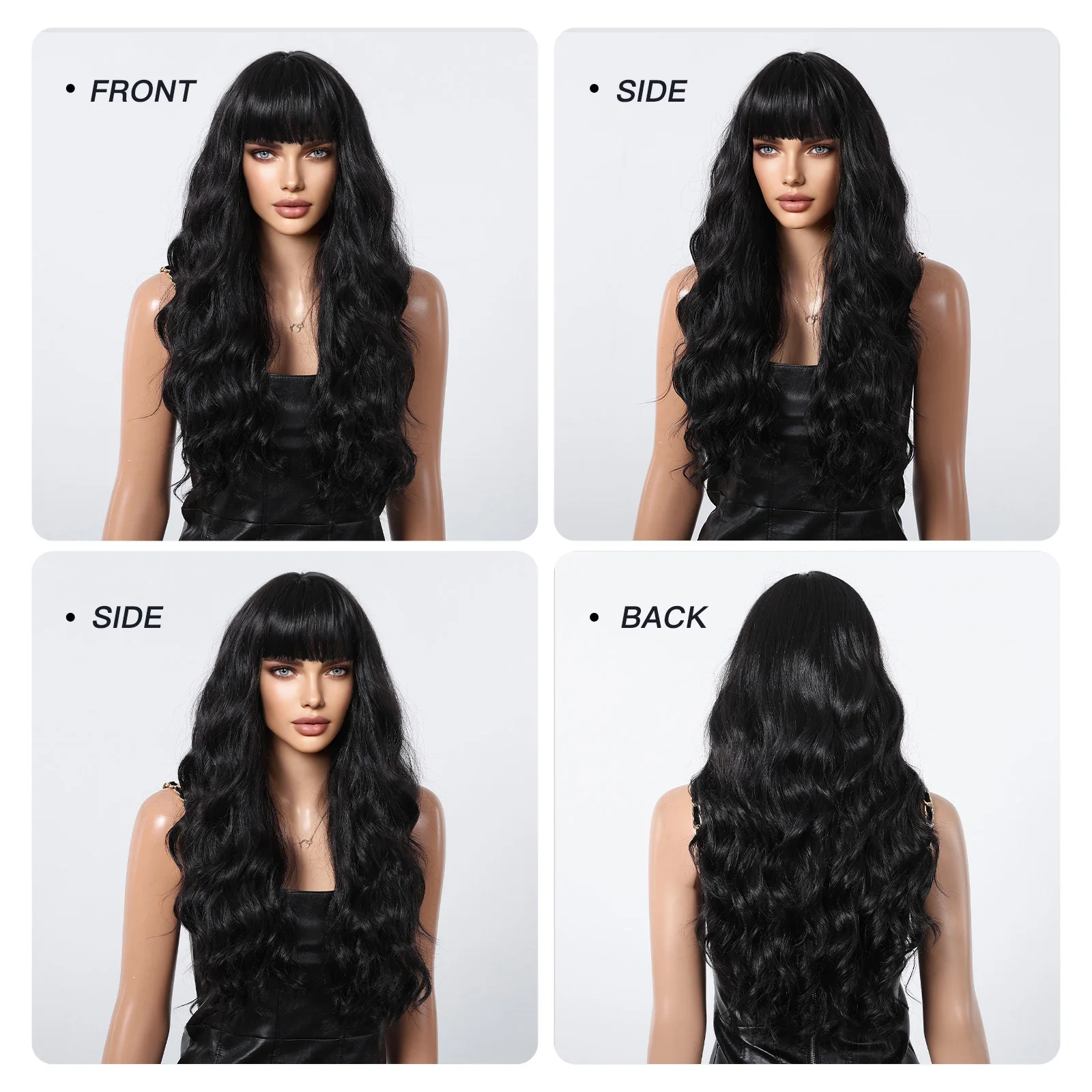 GEMMA Synthetic Wig Long Wavy Black Wigs with Bangs for Women Black Daily Use Fake Hair Cosplay Party Wig Heat Resistant Fibre