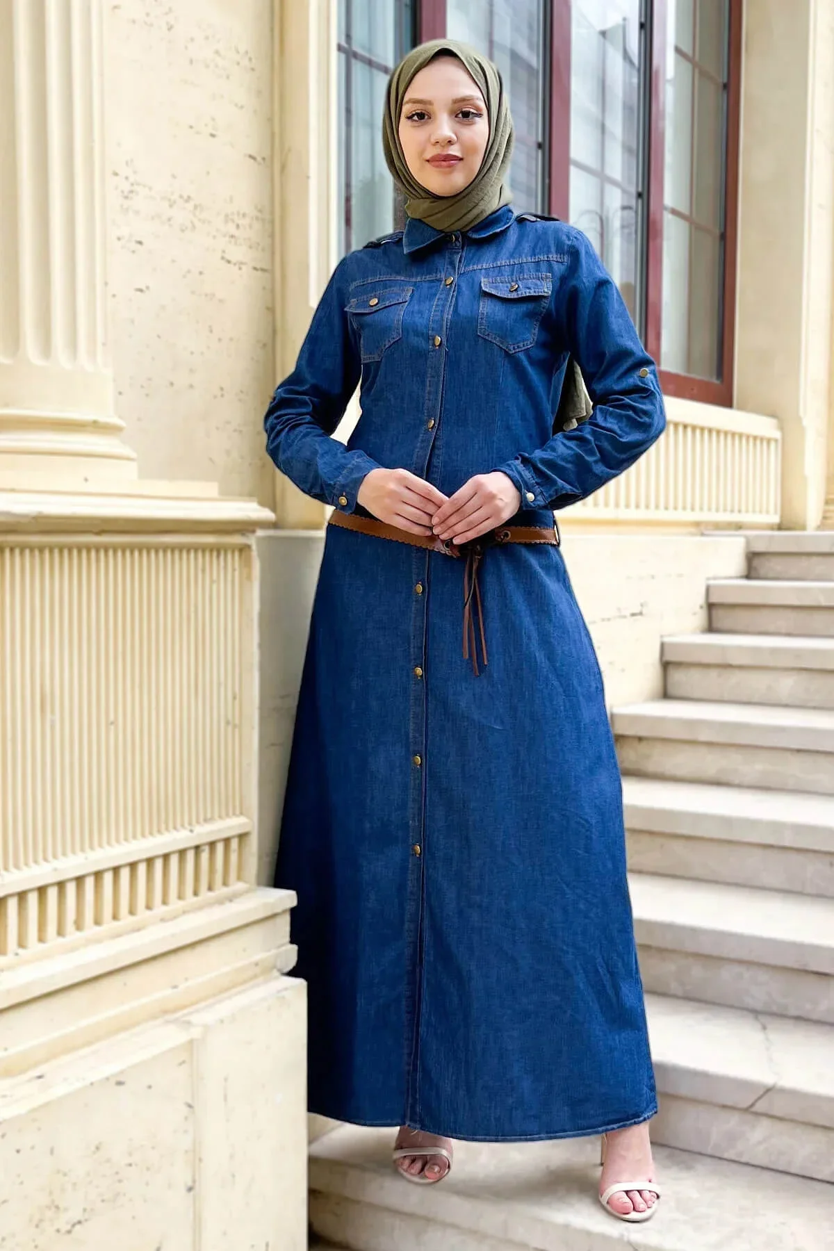 Long Embroidery Jeans Dress Light Blue With Buttoned Belt Jeans Dress With Robes Patched Muslim Dubai Arab abaya Turkish women