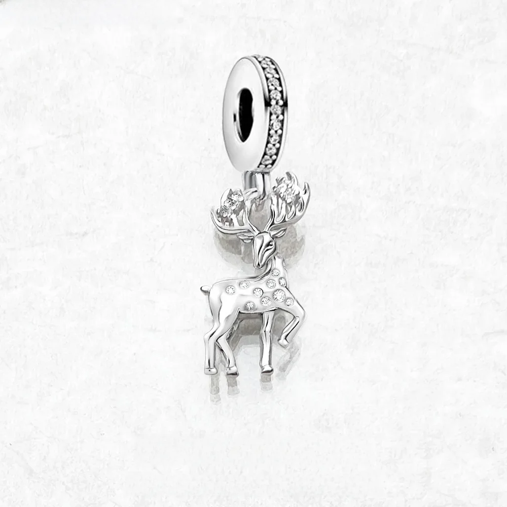 925 Sterling Silver Deer Moose Dangle Charm Pendant New Cute Lucky Women Jewelry Trendy Winter Christmas Gift — zdjęcie 2