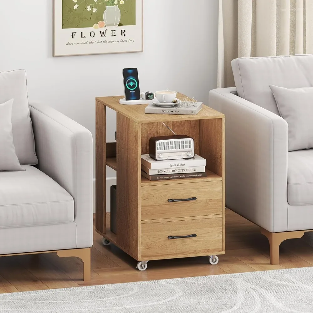 

End Table with Charging Station, Modern Nightstand with Lockable Wheels, Magazine Holder & Open Shelf
