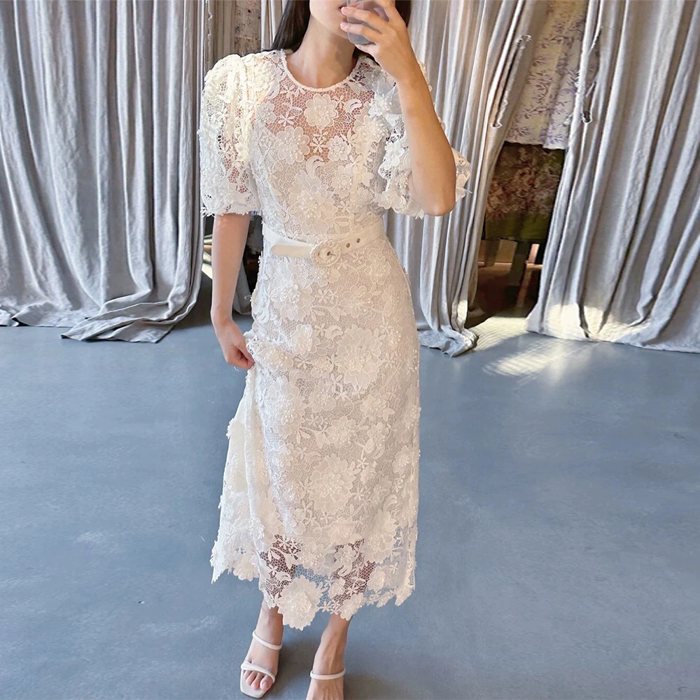 20158# Real Photos Elegant Puffy Sleeves Lace Wedding Dress For Bride Women O-neck Tea Length Engagement Party Gown 2024