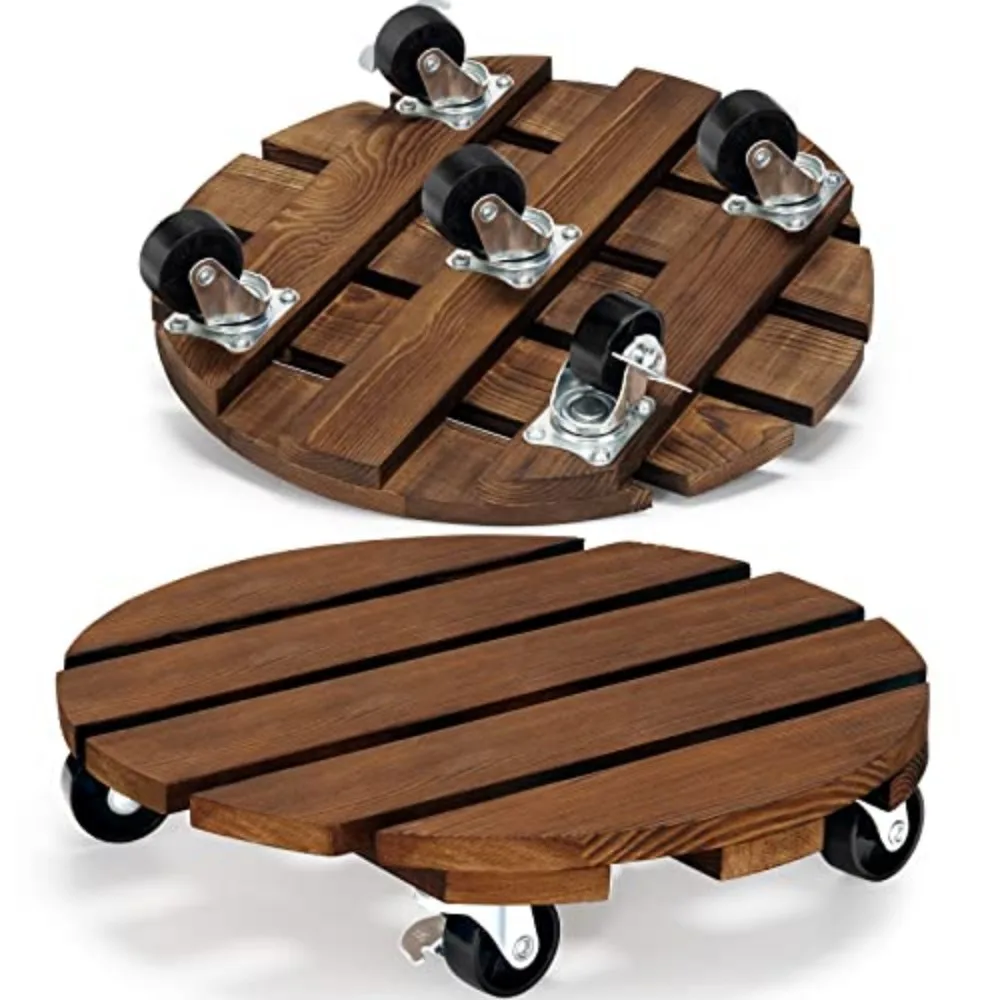 2Pack 12'' Wood Plant Caddy Rolling Plant Stand with 2 Lockable 360° Caster Wheels Indoor Outdoor Patio Flower Pot Succulent Pots Duty