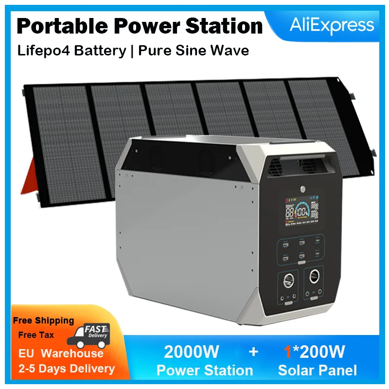 Estación de energía de Camping con batería Lifepo4 de Panel Solar, onda sinusoidal pura, 2048Wh, 200W o 400W