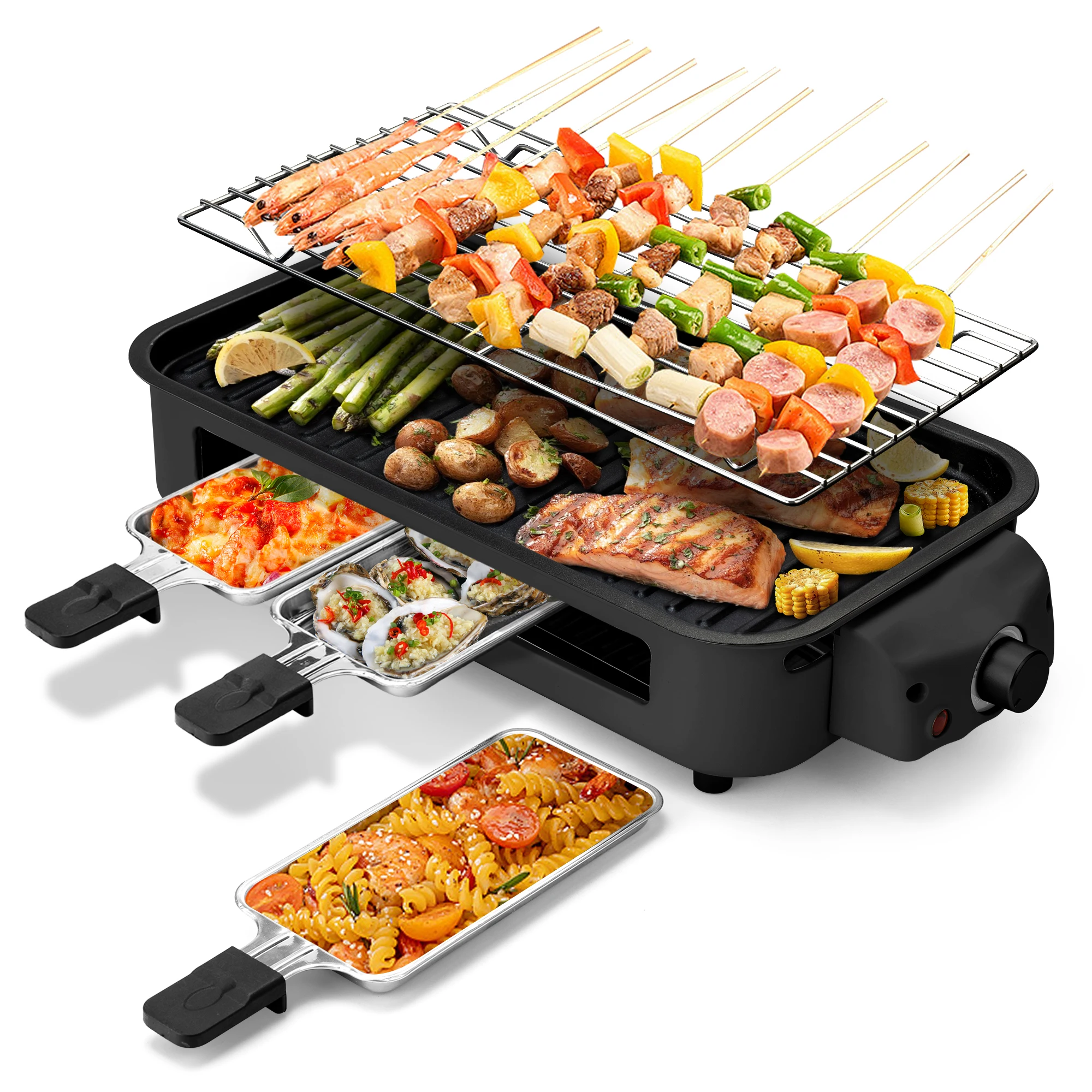 Electric Indoor Grill 1500W 2 in 1 Electric BBQ Gill with Grill Net Removable Plate Temperature Control 3 Small Trays Dishwas