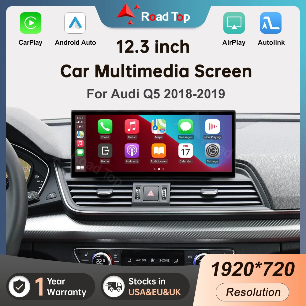 Tela multimídia do carro superior da estrada para audi q5 2018-2019 12.3 ''tela linux com funções sem fio carplay android auto airplay