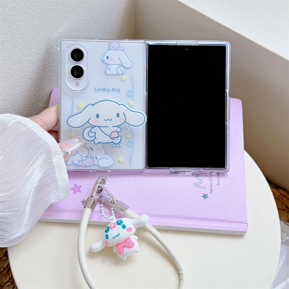 Kawaii Big Ear Puppy Phone Case for Samsung Galaxy Z Fold 6 7 8 Fold 8 Ultra Fold 7 6 5 4 3 Cover With Holder Chain Cartoon Case
