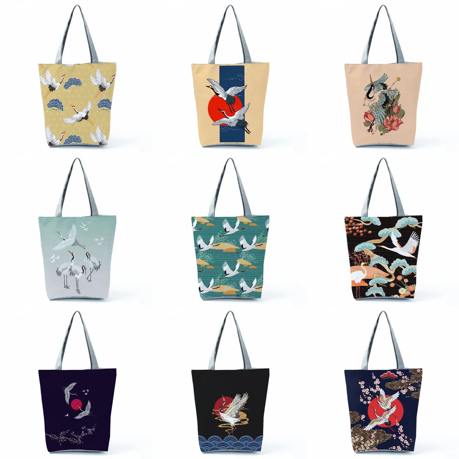 Custom Tote Beautiful Crane Print Shoulder Bag Japanese Design Shopping Bags Handbags for Women Portable Casual Travel Reusable