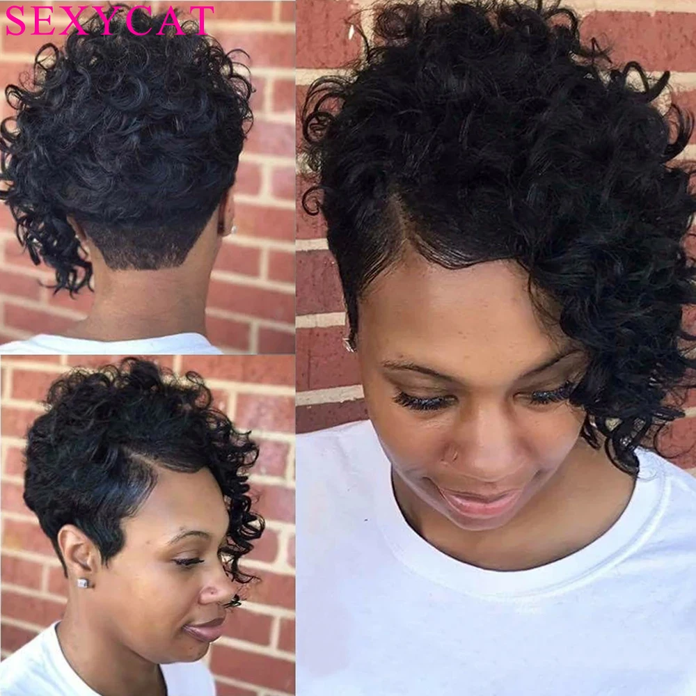 Sexycat 99J Burgundy Pixie Cut Wigs For Black Women Bob Peruvian Short Curly Human Hair Wigs Side Bangs Natural Wavy Wigs