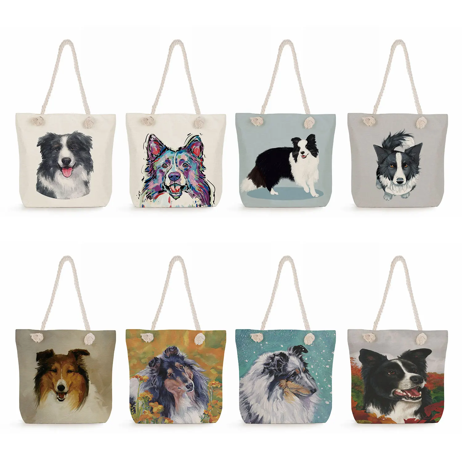 Popular Watercolor Collie Dog Print Tote Bag Fashion Large Capacity Reusable Shopping Side Bags For Women Cute Shoulder Handbags