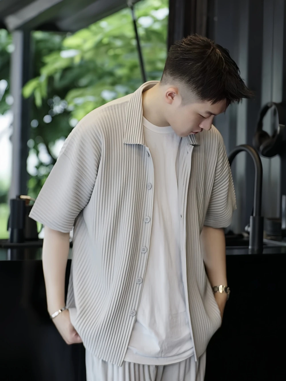 Miyake Pleated Short Sleeve Shirt Casual Solid Color Shirts Summer Button Lapel Top Men