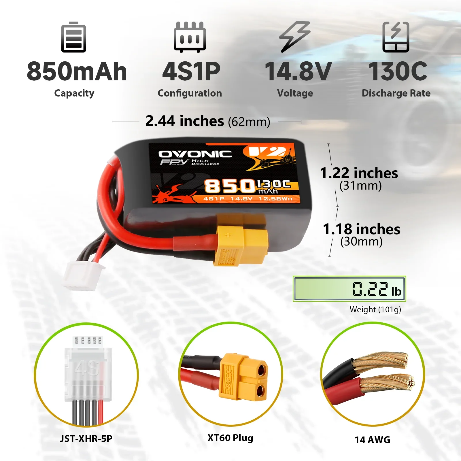 OVONIC 4S 14.8V 850mAh 130C LiPo Battery XT60 Plug, High Discharge FPV Battery for Cinewhoop, iFlight Nazgul5 V2 & BetaFPV 180X