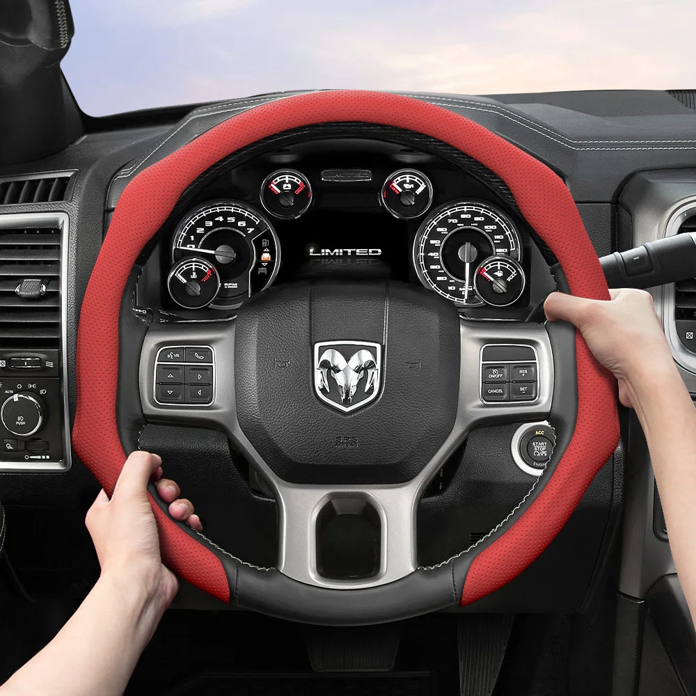 Funda de Volante de Cuero Perforado Compatible con Ram Pickup ProMaster Rampage 1500 2500 3500 4000 4500 5500 700 1000, Color Negro
