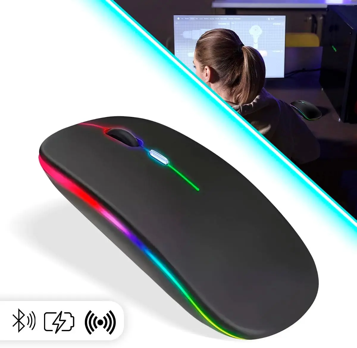ماوس لاسلكي قابل لإعادة الشحن Led Rgb 2.4 جيجا هرتز سماعة لاسلكية تعمل بالبلوتوث Optico Ghz كمبيوتر محمول - رائع