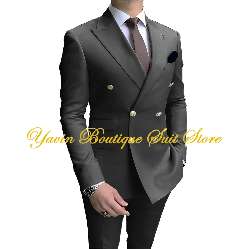 Formal Men\'s Suit 2 Pieces Slim Fit Double Breasted Blazer and Pants Solid Color Groom Tuxedo for Wedding