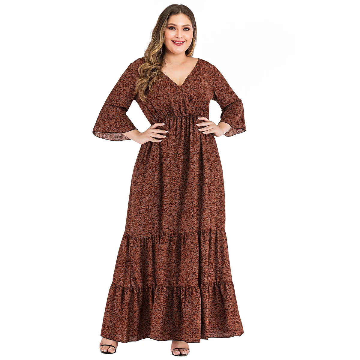 5XL 6XL Plus Size Dress Women Summer V Neck Flare Sleeve Leopard Print Boho Beach Dress Ruffles High Waist Maxi Long Dresses