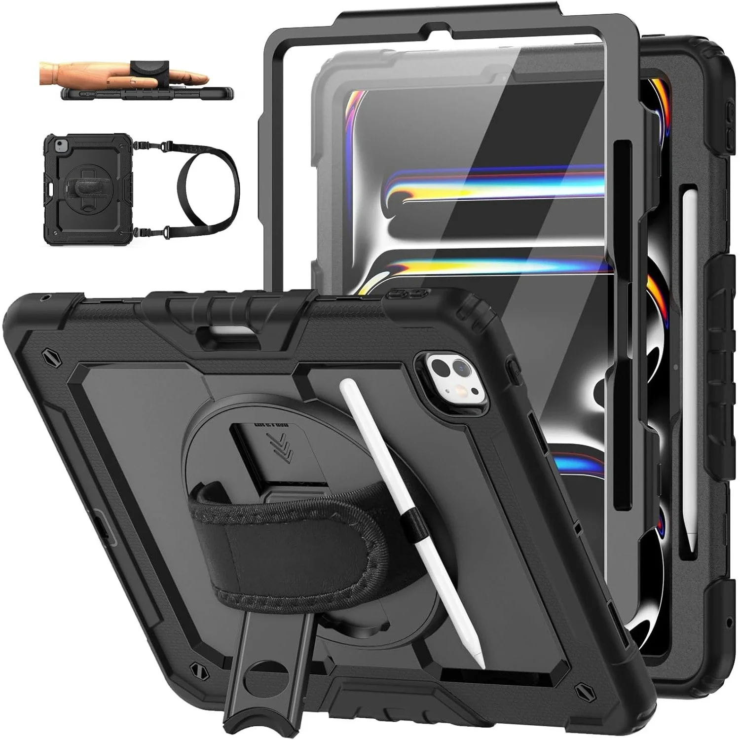Etui z podpórką, odporne na wstrząsy, do iPad Pro 11 12.9 13 2024, pokrowiec na iPad Air 4 5 10.9 10th 11th A16 2025 + Folia ochronna na ekran + Pasek na ramię — zdjęcie produktu 7